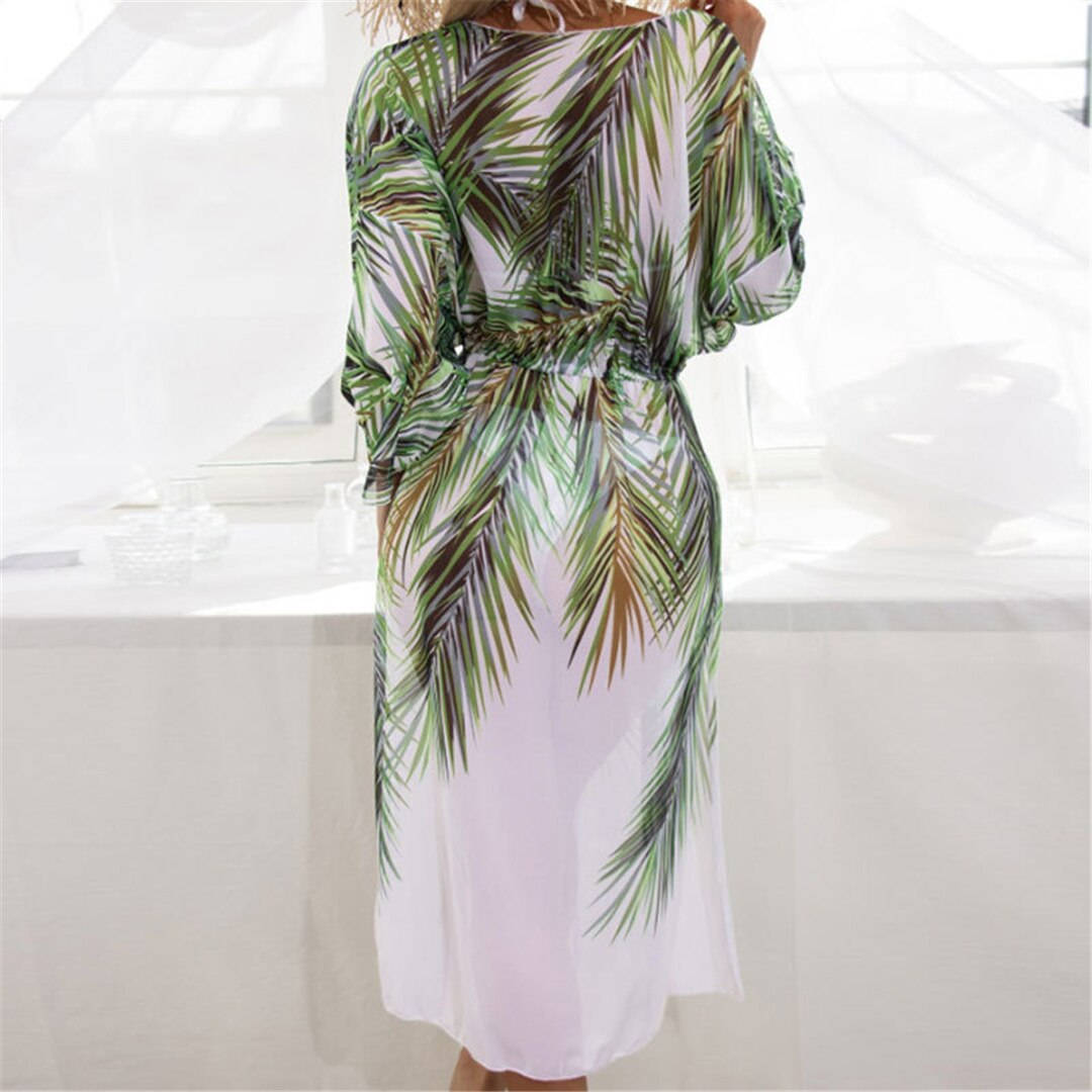 Leaves Printed With Belt Long Sleeve Tunic Beach Cover Up