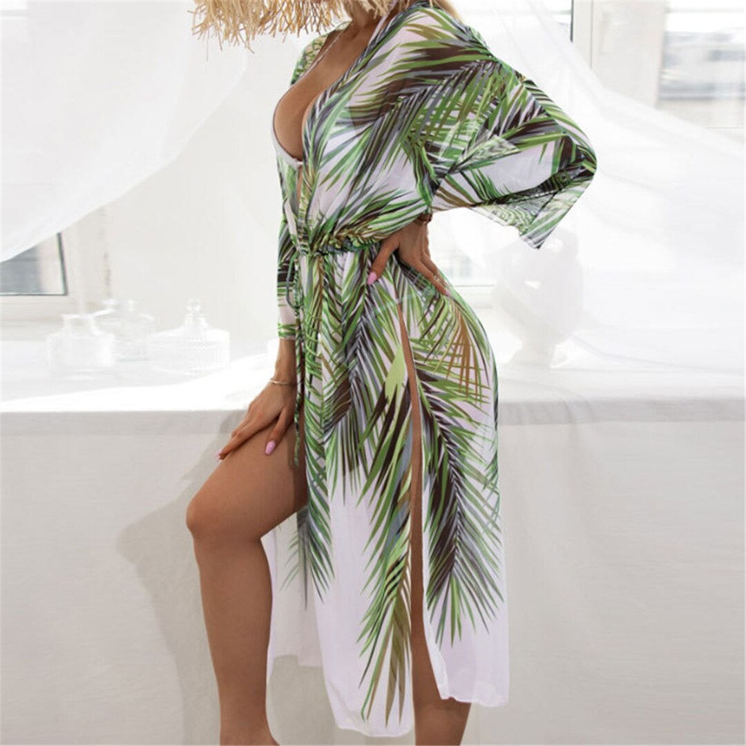 Leaves Printed With Belt Long Sleeve Tunic Beach Cover Up